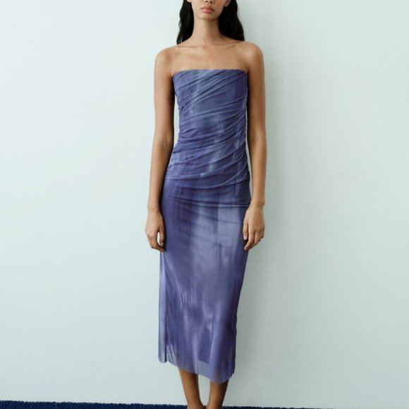 NWT STRAPLESS TIE DYE PRINT SHADES OF BLUE DRESS - Picture 1 of 9